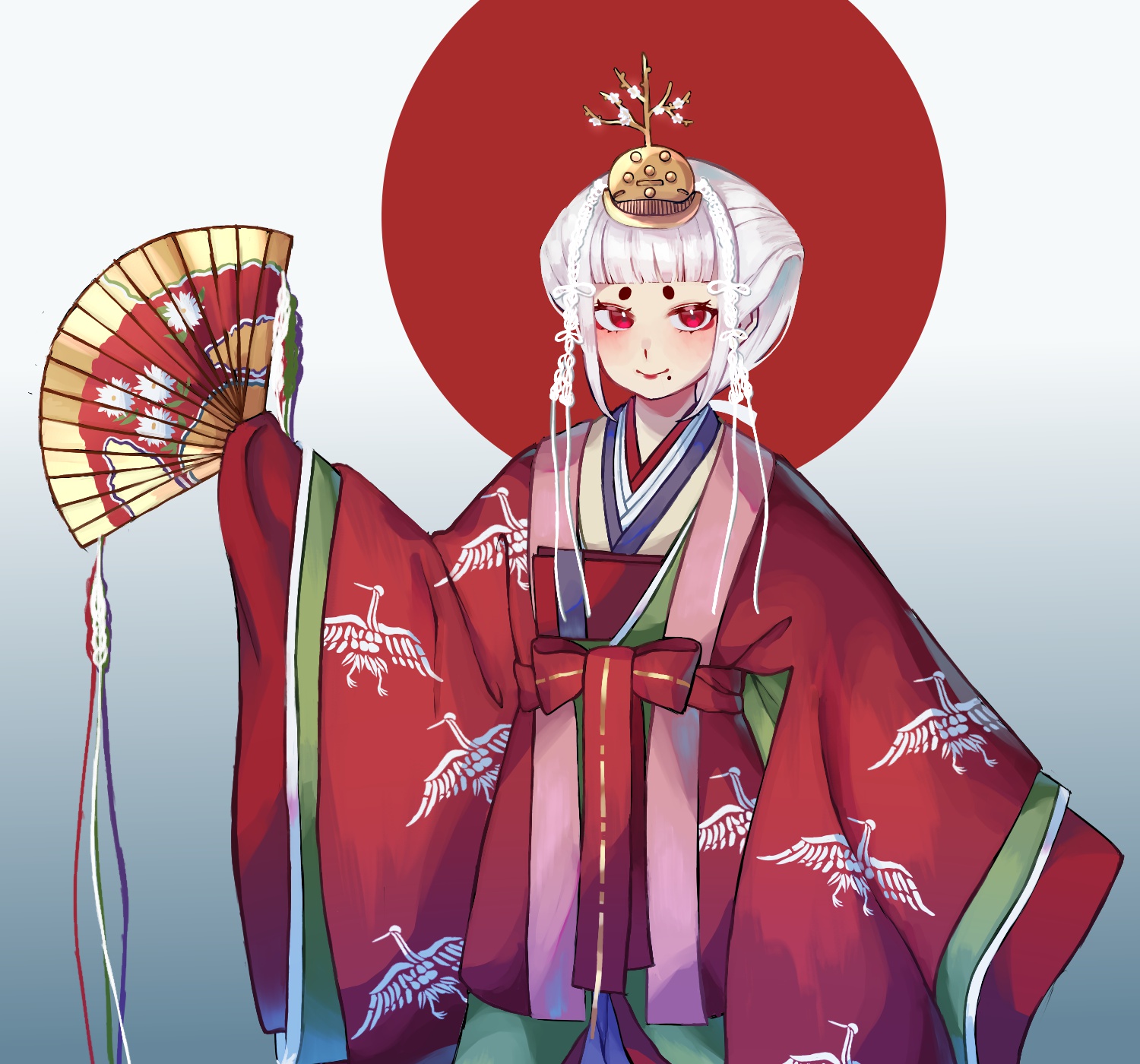 1girl eyeshadow folding_fan hand_fan highres japan_(kuroussa) japanese_clothes japanese_flag kimono kuroussa makeup mole mole_under_mouth original red_eyes red_eyeshadow red_lips short_eyebrows solo white_hair