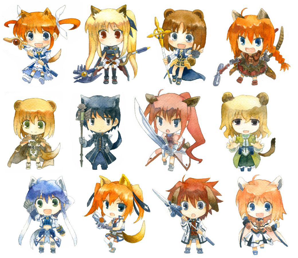 00s 3boys 6+girls animal_ears bad_id bad_pixiv_id bardiche_(axe_form)_(nanoha) bardiche_(nanoha) blonde_hair braid caro_ru_lushe chibi chrono_harlaown cross_mirage erio_mondial fate_testarossa fate_testarossa_(movie_1st_form) graf_eisen gun kemonomimi_mode kerykeion_(nanoha) klarwind kouno_hikaru laevatein_(nanoha) long_hair looking_at_viewer lyrical_nanoha mach_caliber magical_boy magical_girl mahou_shoujo_lyrical_nanoha mahou_shoujo_lyrical_nanoha_a&#039;s mahou_shoujo_lyrical_nanoha_strikers multiple_boys multiple_girls open_mouth raising_heart raising_heart_(device_mode)_(1st) revolver_knuckle s2u schwertkreuz shamal short_hair signum simple_background skirt smile strada subaru_nakajima sword tail takamachi_nanoha takamachi_nanoha_(movie_1st_mode) teana_lanster thighhighs twin_braids twintails vita_(nanoha) weapon white_background yagami_hayate yuuno_scrya