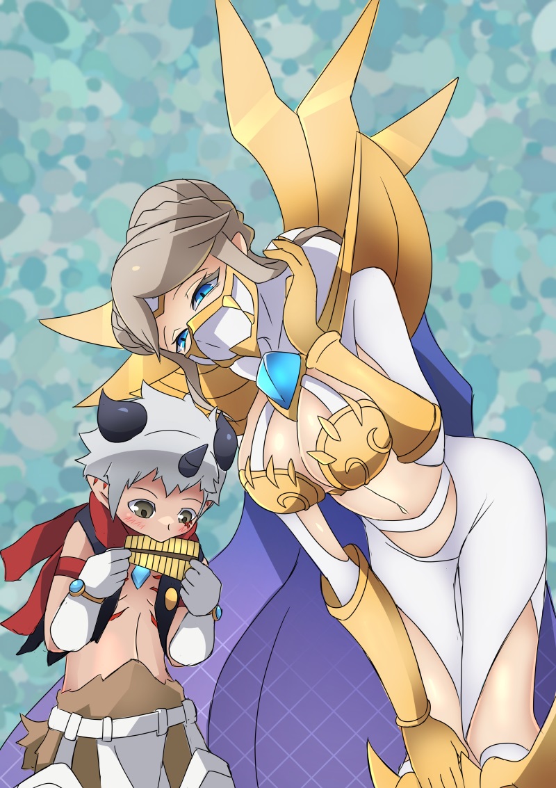 1boy 1girl aegiomon armor blush breasts cape couple digimon embarrassed junomon large_breasts mask size_difference