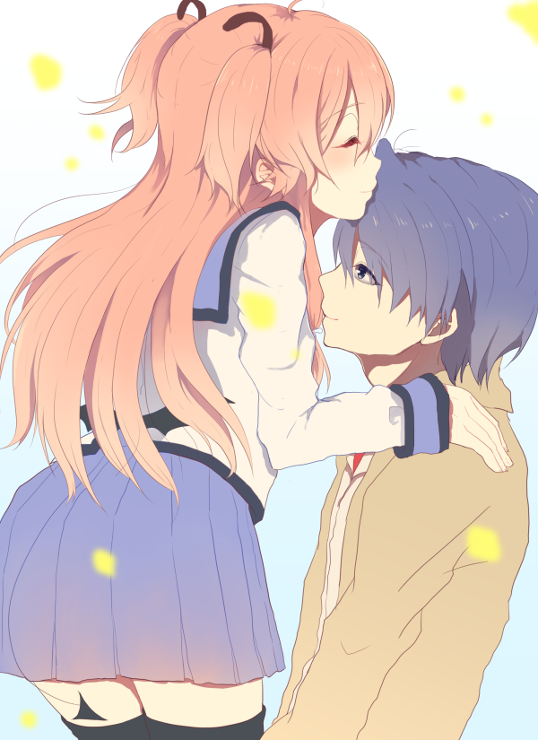 1boy 1girl angel_beats! black_thighhighs blue_background blue_hair blue_sailor_collar blue_skirt brown_jacket closed_eyes closed_mouth commentary_request fake_tail fake_wings gradient_background hetero hinata_hideki jacket kiss kissing_forehead kurotea light_smile long_hair long_sleeves low_wings mini_wings pink_hair pleated_skirt sailor_collar school_uniform serafuku shinda_sekai_sensen_uniform shirt short_hair skirt tail thighhighs two_side_up white_background white_shirt wings yui_(angel_beats!) zettai_ryouiki