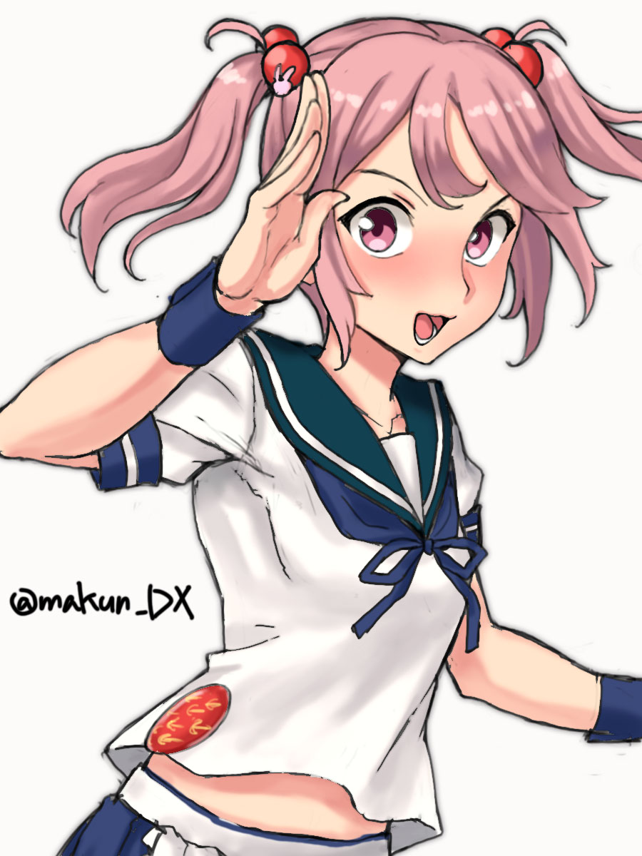 1girl apron badge blue_neckerchief blue_sailor_collar blue_skirt hair_bobbles hair_ornament highres kantai_collection maakun_(makun_dx) neckerchief one-hour_drawing_challenge open_mouth pink_eyes pink_hair sailor_collar salute sazanami_(kancolle) sazanami_kai_(kancolle) school_uniform serafuku shirt short_hair short_sleeves simple_background skirt solo twintails twitter_username upper_body waist_apron white_background white_shirt wrist_cuffs