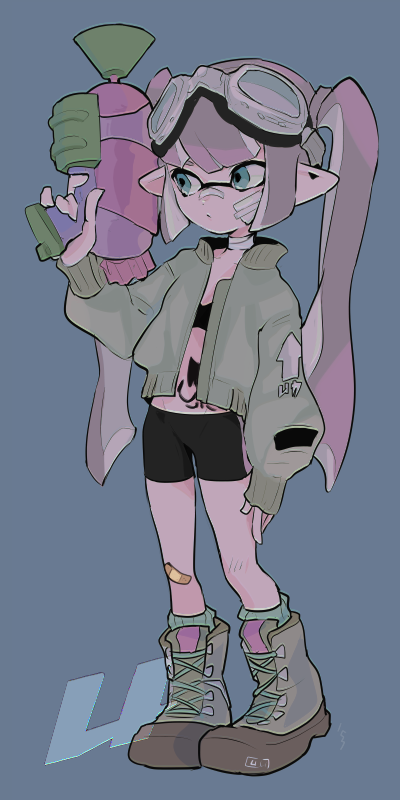 1girl bandaged_neck bandages bandaid bandaid_on_face bandaid_on_knee bandaid_on_leg bandaid_on_nose bandeau black_bandeau black_shorts blue_background blue_eyes boots brown_boots closed_mouth commentary full_body gauze gauze_on_cheek goggles goggles_on_head green_jacket green_socks grey_hair holding holding_weapon imaikuy0 inkling inkling_girl inkling_player_character jacket long_hair long_sleeves looking_to_the_side multicolored_hair nintendo open_clothes open_jacket pink_hair pointy_ears shorts socks solo splatoon_(series) splattershot_(splatoon) standing stomach_tattoo tattoo tentacle_hair twintails weapon