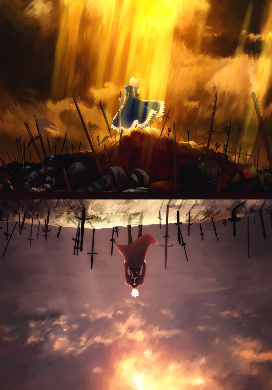 1boy 1girl archer_(fate) artoria_pendragon_(fate) black_footwear blue_dress cape cloud commentary dress english_commentary fate/stay_night fate/unlimited_blade_works fate_(series) field_of_blades from_behind gauntlets green_basil highres light_rays outdoors pile_of_corpses red_cape saber_(fate) short_hair shrug_(clothing) standing sunbeam sunlight sword unlimited_blade_works_(reality_marble) waist_cape weapon white_hair wide_shot wind