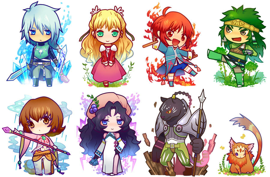3girls 4boys animal_ears annie_barrs armor black_hair blonde_hair blue_eyes blue_hair braid breasts brown_hair claire_bennett creature earrings eugene_gallardo fire flower green_eyes green_hair grey_eyes hat headband hilda_rhambling ice jewelry lightning long_hair mao_(tales) midriff multiple_boys multiple_girls navel open_mouth polearm rain red_eyes red_hair rod short_hair smile spear sword tail tales_of_(series) tales_of_rebirth tytree_crowe veigue_lungberg weapon