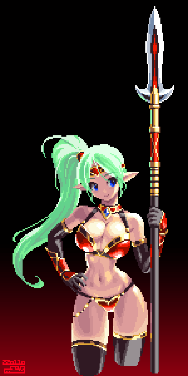 1girl armor bikini bikini_armor black_background black_thighhighs blue_eyes breasts cleavage elbow_gloves gloves gradient_background green_hair high_ponytail highres holding holding_polearm holding_weapon large_breasts long_hair mabius navel original pixel_art pointy_ears polearm ponytail red_background red_bikini simple_background smile solo spear swimsuit thighhighs weapon yari