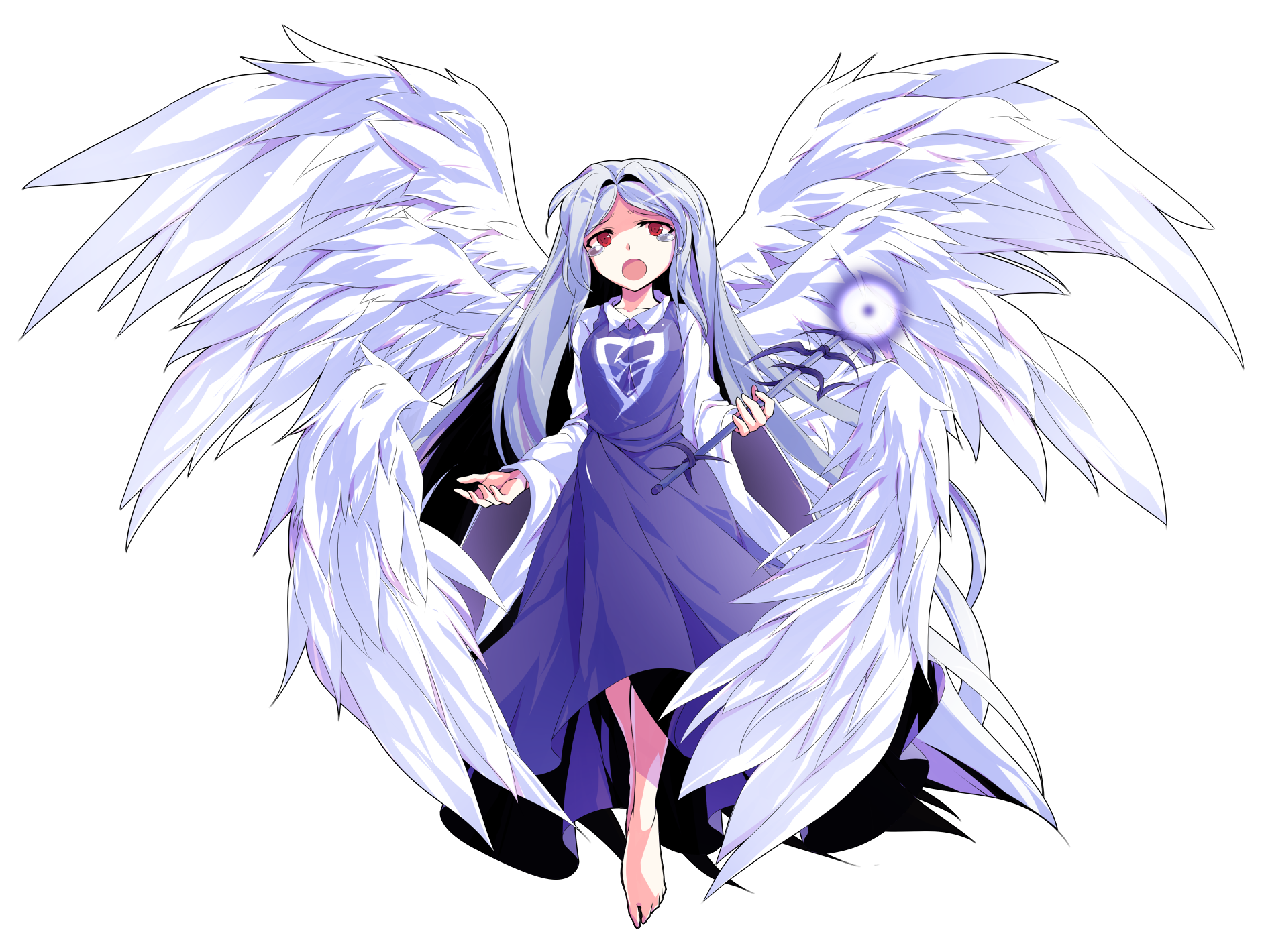 1girl :o alphes_(style) angel angel_wings barefoot blue_hair breasts closed_mouth collarbone collared_shirt commentary_request dairi dress feathered_wings full_body genderswap genderswap_(otf) hair_intakes highres holding holding_scepter left-handed long_hair long_sleeves looking_at_viewer multiple_wings open_mouth parody parted_bangs purple_dress red_eyes sariel_(touhou) scepter seraph shirt smile solo style_parody tachi-e tearing_up touhou touhou_(pc-98) transparent_background very_long_hair white_wings wide_sleeves wings