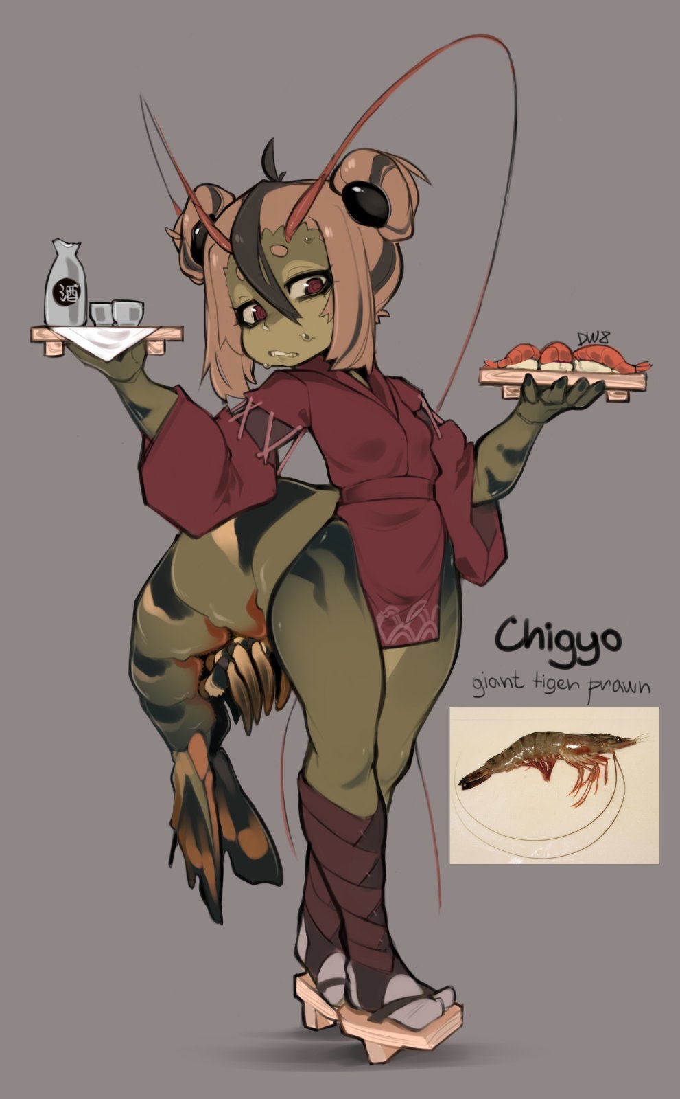 1girl @_@ ahoge antennae arthropod_girl body_markings bottle breasts brown_hair choko_(cup) colored_skin cross-laced_clothes cross-laced_sleeves cup double_bun extra_eyes fish_(food) food full_body geta green_nails green_skin grey_background hair_bun hands_up highres light_brown_hair long_sleeves looking_at_viewer monster_girl multicolored_hair nail_polish nervous nigirizushi original pelvic_curtain personification red_eyes rinkae sake_bottle short_eyebrows short_hair shrimp shrimp_girl side_slit sidelocks simple_background small_breasts solo standing streaked_hair sushi sweat tabi tail walking wide_sleeves