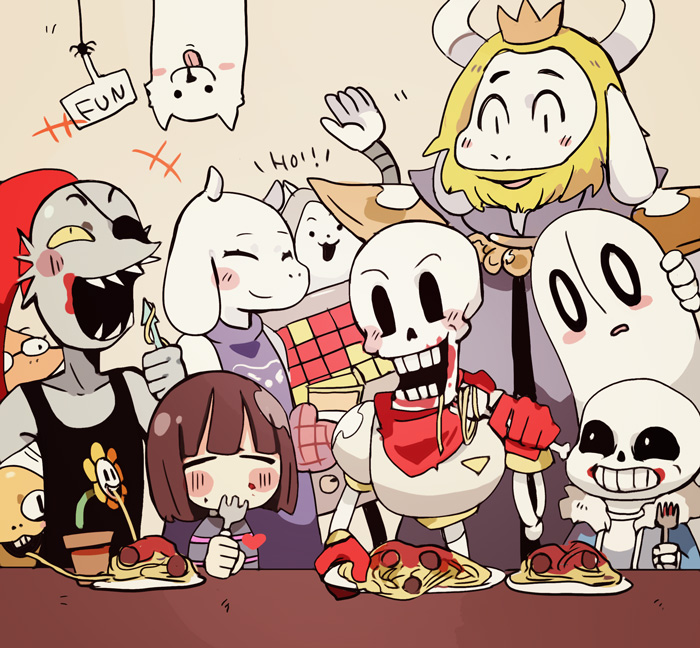 1other 3girls 6+boys alphys annoying_dog asgore_dreemurr bug closed_eyes dog eating english_text flowey_(undertale) food fork frisk_(undertale) holding holding_fork mettaton mettaton_(box) monster_kid_(undertale) multiple_boys multiple_girls napstablook papyrus_(undertale) pasta sans_(undertale) skeleton spaghetti spider temmie terada_tera toriel undertale undyne