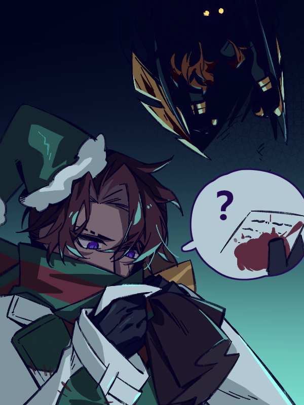 1boy 1girl black_gloves bladed_tonfa bodysuit brown_hair e.g.o_(project_moon) gloves green_bodysuit green_hat green_scarf hat heathcliff_(project_moon) holding holding_sack holiday_(e.g.o) ishmael_(project_moon) limbus_company long_hair looking_down mercuryhx orange_hair parted_bangs project_moon purple_eyes sack scarf very_long_hair wingbeat_(e.g.o)