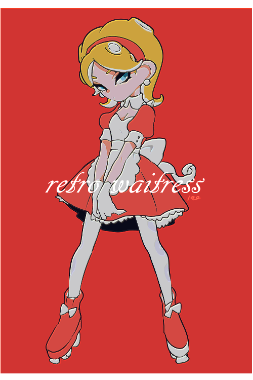 1girl apron back_bow blonde_hair blue_eyes bow closed_mouth collar detached_collar dress earrings expressionless full_body gloves hairband half-closed_eyes imaikuy0 jewelry looking_to_the_side medium_hair nintendo octoling octoling_girl octoling_player_character pantyhose parted_bangs puffy_short_sleeves puffy_sleeves red_background red_dress red_hairband red_shoes roller_skates shoes short_sleeves skates solo sphere_earrings splatoon_(series) standing tentacle_hair waitress white_apron white_bow white_collar white_gloves white_pantyhose