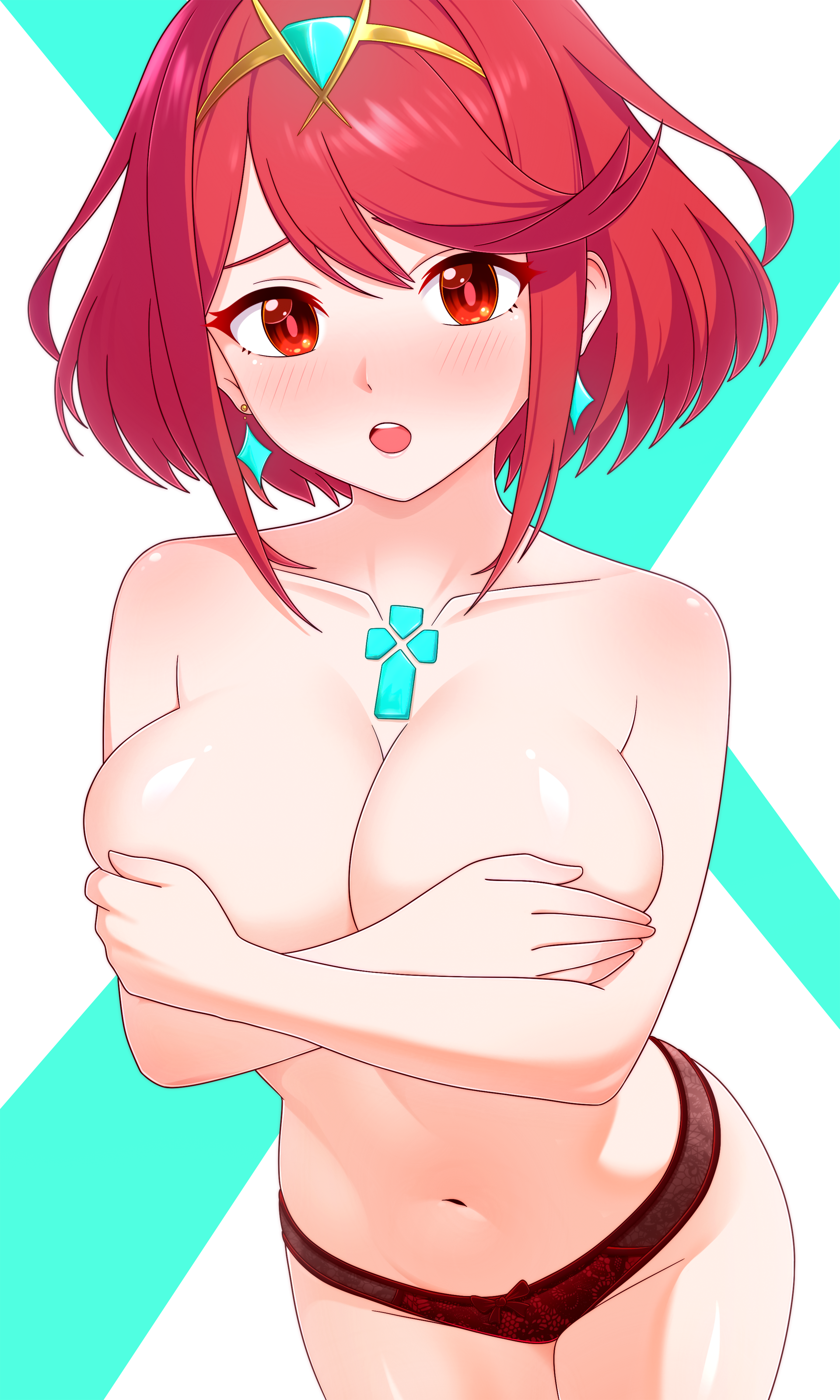 1girl :o absurdres breasts core_crystal_(xenoblade) covering_breasts covering_privates dullahan_(alekey_art) earrings highres jewelry large_breasts light_blush looking_at_viewer navel open_mouth panties pyra_(xenoblade) red_eyes red_hair solo tiara topless_female underwear xenoblade_chronicles_(series) xenoblade_chronicles_2
