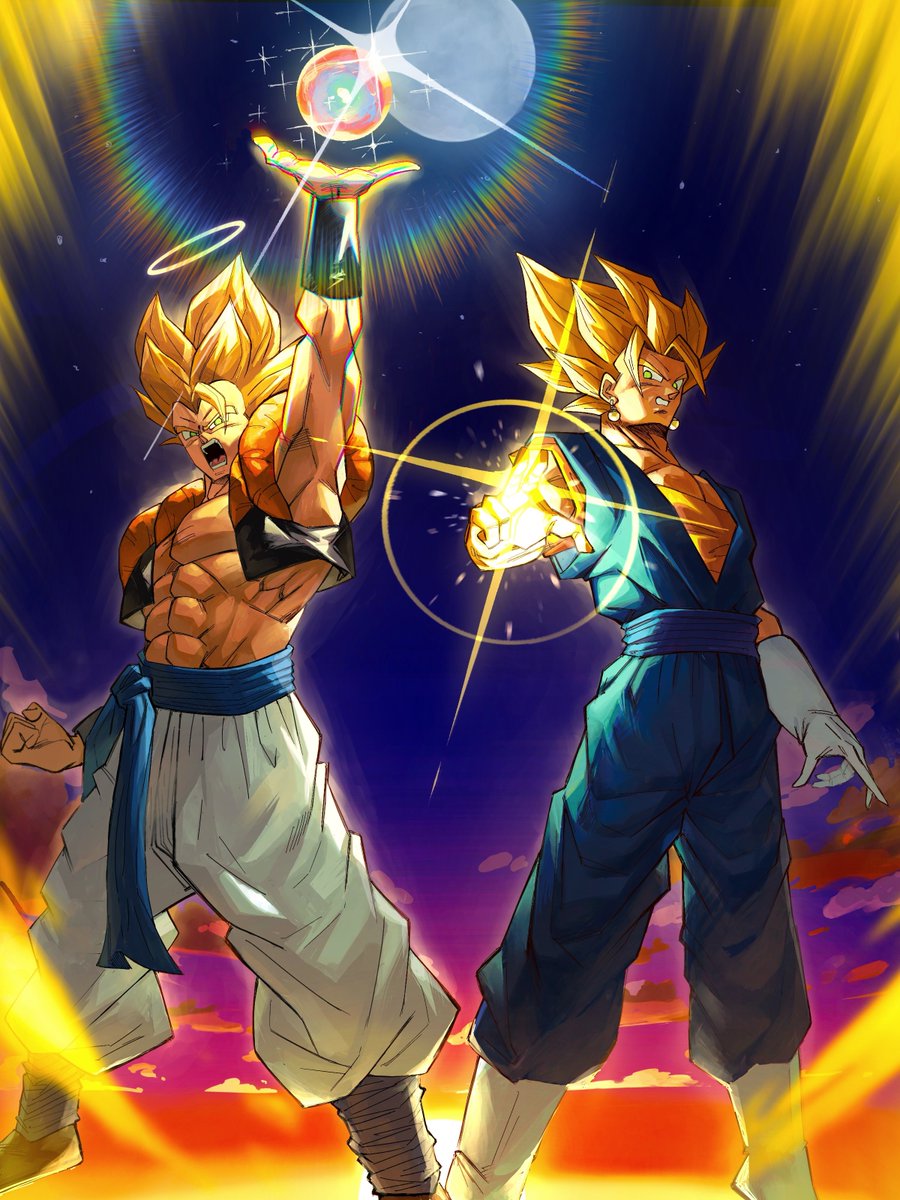 2boys abs arm_up aura black_vest blonde_hair blue_pants blue_sash blue_shirt boots cropped_vest dougi dragon_ball dragon_ball_z_dokkan_battle earrings gloves gogeta green_eyes halo highres initials-drawing jewelry male_focus medium_hair metamoran_vest multiple_boys muscular muscular_male open_clothes open_vest orange_shirt pants potara_earrings sash shirt spiked_hair super_saiyan super_saiyan_1 vegetto vest white_boots white_gloves white_pants