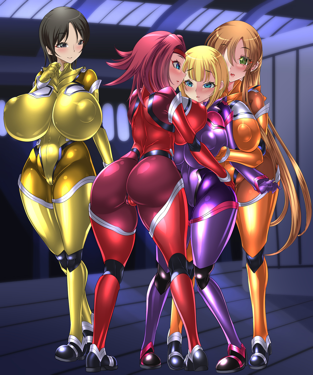 4girls alternate_costume alternate_outfits ass black_hair blonde_hair blue_eyes blunt_bangs blush bodysuit breast_press breasts brown_eyes brown_hair bulging_breasts cameltoe chiba_nagisa code_geass color-coded commission covered_navel crossover curvy eyebrows_hidden_by_hair eyelashes girl_sandwich grabbing_another&#039;s_breast green_eyes groping gundam gundam_00 hair_between_eyes hand_on_another&#039;s_hip headband highres huge_ass huge_breasts indoors kouzuki_kallen light_blush linea_alba long_hair looking_at_another louise_halevy masachuusa multiple_girls ogling open_mouth orange_bodysuit parted_bangs purple_bodysuit red_bodysuit red_hair sandwiched shiny_suit shirley_fenette short_hair sidelocks skin_tight smile thick_thighs thigh_gap thighs tight_suit wide_hips yellow_bodysuit yuri
