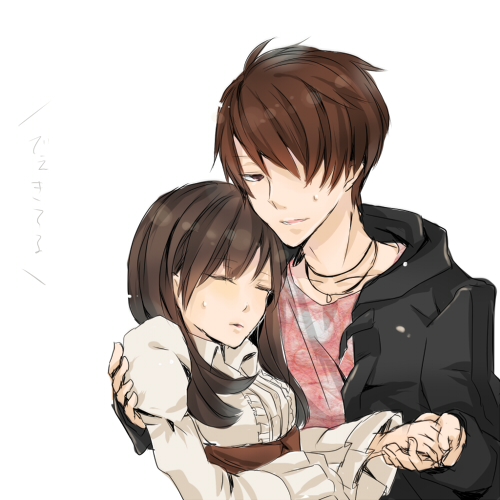 1boy 1girl black_hair brown_eyes brown_hair closed_eyes hair_over_one_eye jewelry kamen_rider kamen_rider_wizard_(series) koyomi_(kamen_rider_wizard) long_hair lowres necklace souma_haruto