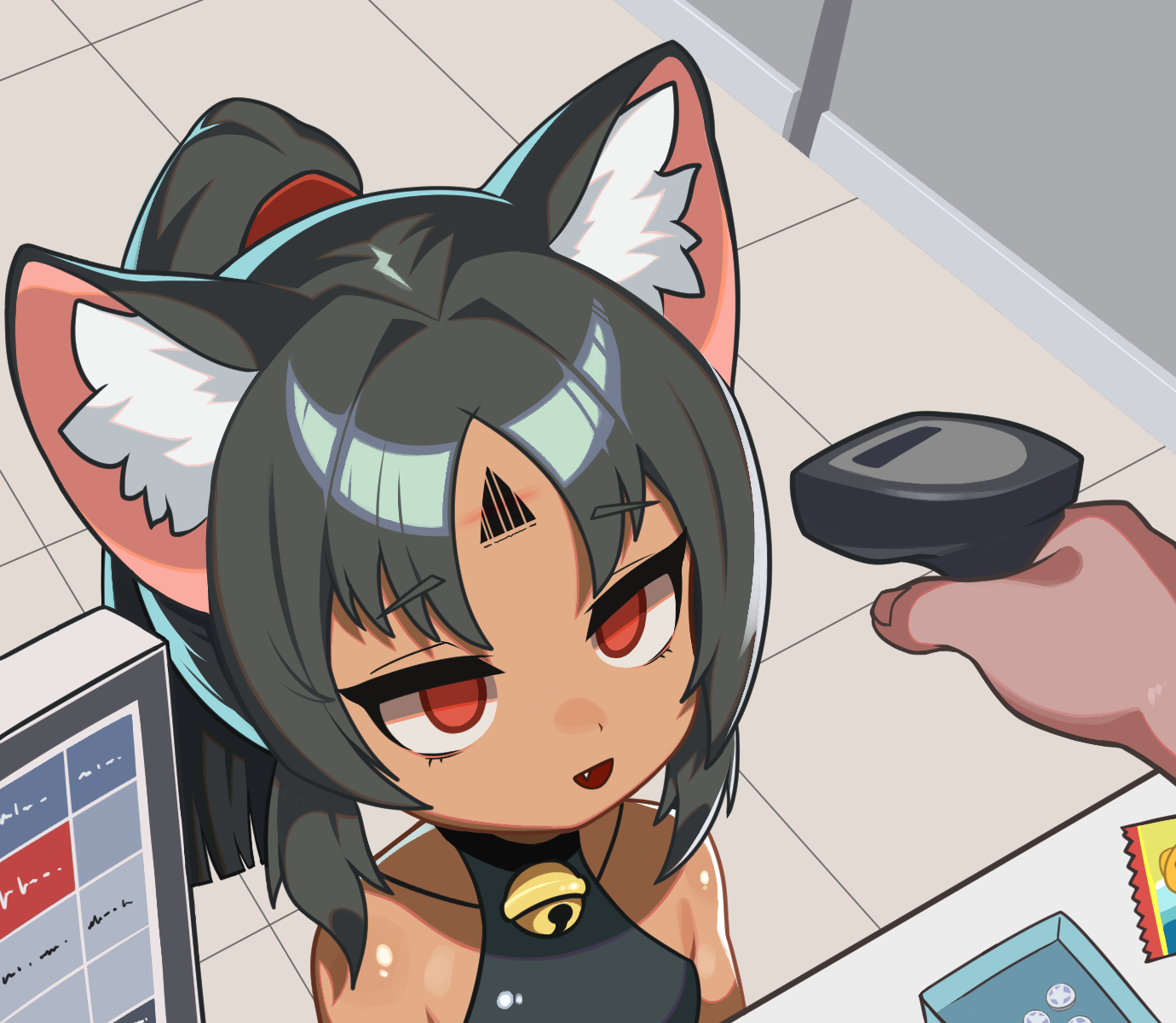 1girl animal_ear_fluff animal_ears barcode barcode_scanner bare_shoulders bell black_hair cat_ears cat_girl dark-skinned_female dark_skin empty_eyes facial_mark fang fang_out forehead_mark highres holding holding_barcode_scanner jingle_bell neck_bell nekomiya_mana parted_bangs ponytail red_eyes sakake zenless_zone_zero