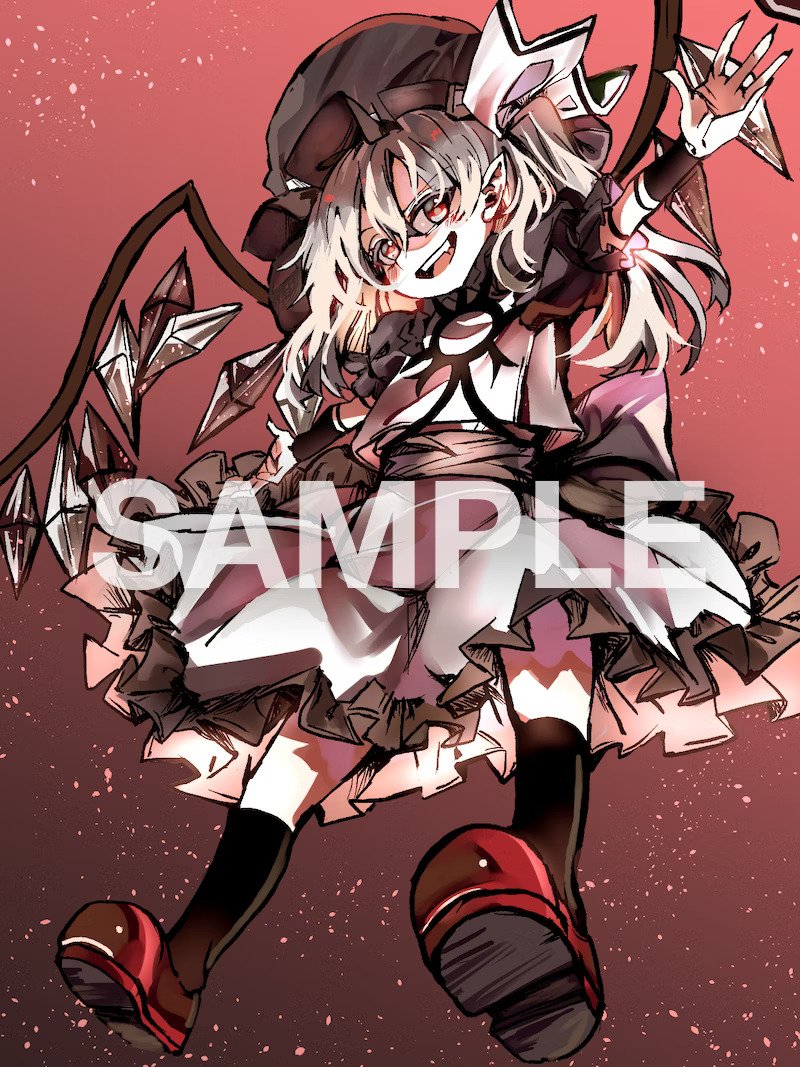 1girl alternate_costume alternate_hair_color alternate_wing_color arm_tattoo arms_up bare_arms bare_legs black_headwear blush blush_stickers body_markings chest_tattoo commission corruption crossover dark_persona dress english_text evil_smile eyelashes eyeshadow flandre_scarlet floating glowing glowing_eyes hat hat_ribbon looking_to_the_side makeup markings nail_(hardware) nail_polish neck_tattoo open_mouth orochi_(kof) outstretched_arms ponytail possessed possession purple_eyeshadow red_eyes red_footwear ribbon shoes side_ponytail skeb_commission smile snk socks spread_arms sun sutaku77224 tan tan_tattoo tattoo the_king_of_fighters touhou vampire watermark white_dress white_hair white_headwear wings zun