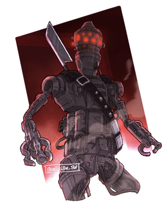 bandolier bayonet belt blade cable commentary_request concept_art energy_gun extra_eyes ig-88 machinery mecha no_humans pincers ray_gun red_eyes robot science_fiction signature sketch smoke star_wars upper_body user_vngn7438 weapon