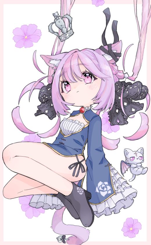 1girl alternate_costume animal_ear_fluff animal_ears black_bow black_ribbon black_shoes blue_dress blush bow breasts cat cat_ears cat_girl cat_tail china_dress chinese_clothes cleavage_cutout closed_mouth clothing_cutout commentary_request crown dress ear_ribbon emongo expressionless flower frilled_sleeves frills full_body hair_between_eyes hair_bow ina_uruu long_hair long_sleeves mini_crown nanashi_inc. pink_flower pink_hair ribbon shoes sleeves_past_fingers sleeves_past_wrists small_breasts solo tail virtual_youtuber white_background