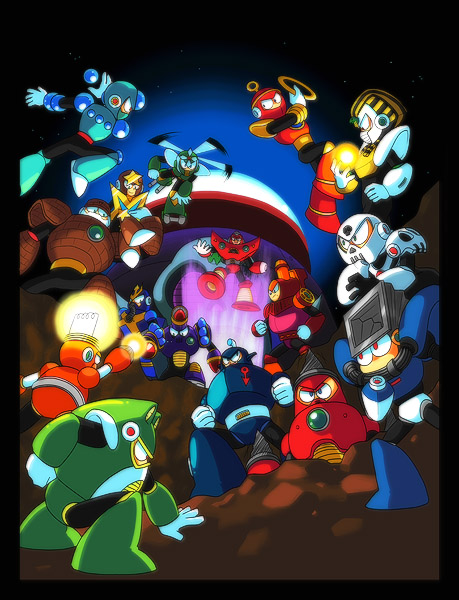 arm_cannon bright_man charge_man crystal_man dive_man dust_man gravity_man gyro_man harpoon helmet joints mask mega_man_(classic) mega_man_(series) mega_man_4 mega_man_5 napalm_man night night_sky no_humans non-humanoid_robot pharaoh_man ring_man robot robot_ears robot_joints skull_man skull_man_(mega_man) sky star_man_(mega_man) stone_man toad_man wave_man weapon