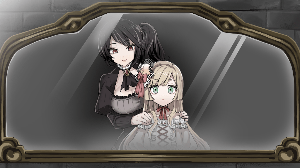bare_shoulders black_dress black_hair blonde_hair bow breasts brooch c3_games child dress eyelashes flower frilled_dress frills green_eyes hand_on_another&#039;s_shoulder high_side_ponytail jewelry juliet_sleeves long_hair long_sleeves mirror neck_ribbon noir_(raison_d&#039;etre) orange_flower orange_rose pink_bow puffy_sleeves raison_d&#039;etre red_brooch red_eyes reflection ribbon rose rose_(raison_d&#039;etre) smile surprised white_dress wide-eyed