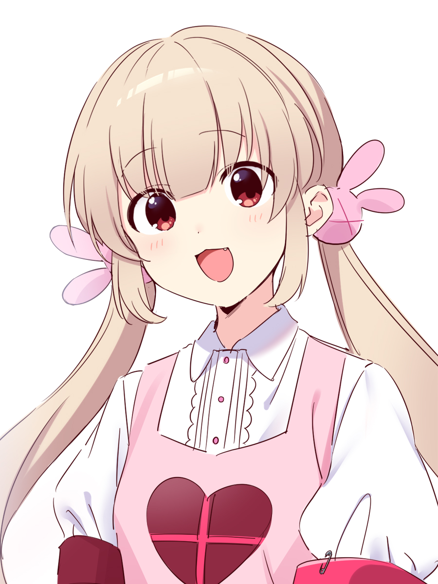 1girl :d arms_at_sides blush collared_shirt dress hair_between_eyes hair_ornament highres kisaragi_hina light_brown_hair long_bangs long_hair looking_at_viewer low_twintails natori_sana natori_sana_(nurse) open_mouth pinafore_dress pink_dress rabbit_hair_ornament red_eyes sana_channel shirt sidelocks simple_background sleeveless sleeveless_dress smile solo twintails upper_body virtual_youtuber white_background white_shirt