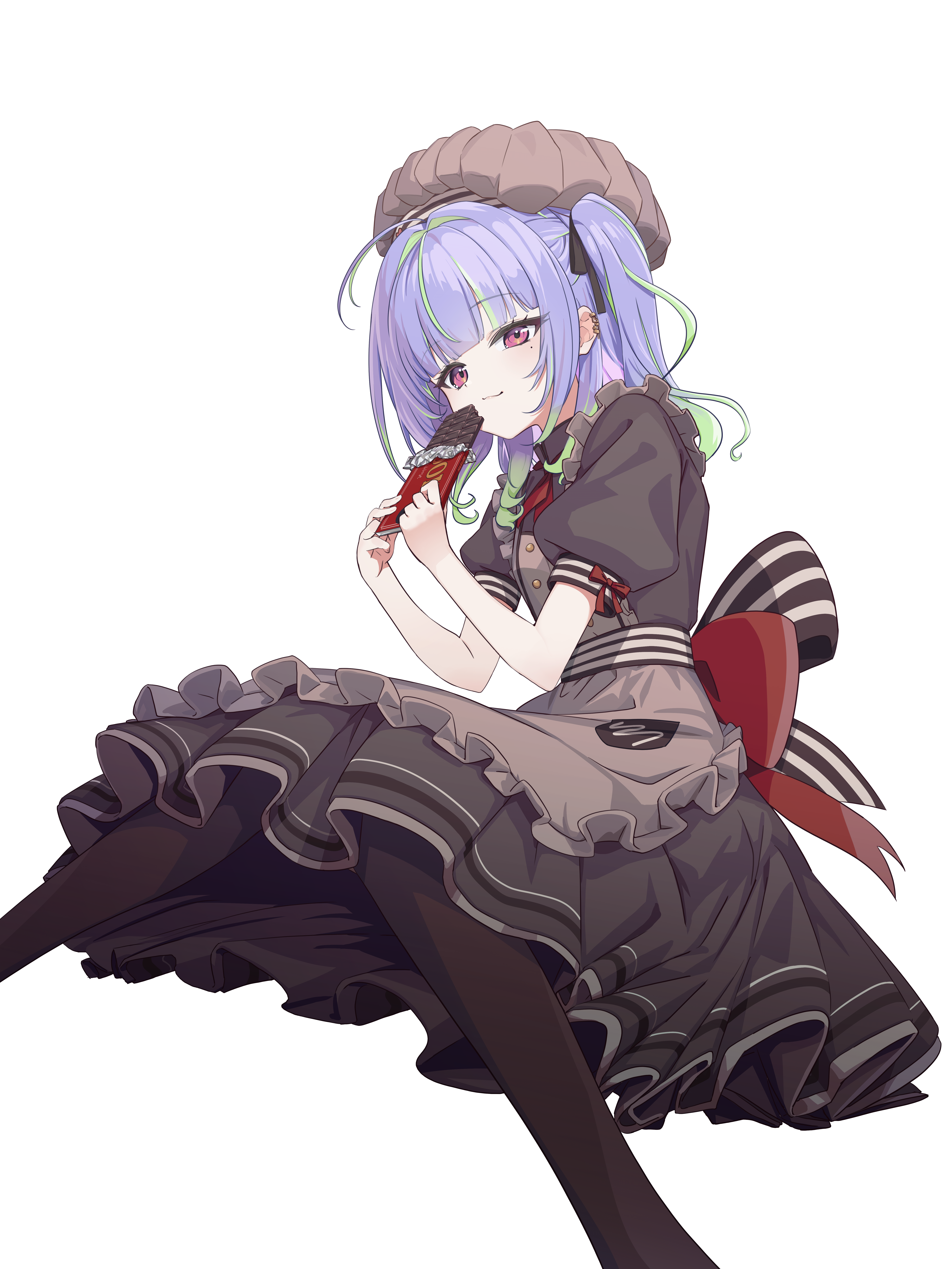 1girl absurdres ahoge alternate_costume apron back_bow black_pantyhose blue_hair bow candy chocolate chocolate_bar closed_mouth dress feet_out_of_frame food frilled_apron frilled_dress frills green_hair grey_apron grey_dress grey_hat hat highres looking_at_viewer medium_hair mob_cap mole mole_under_eye multicolored_hair nanashi_inc. ougimaneki pantyhose pink_eyes puffy_short_sleeves puffy_sleeves red_bow short_sleeves simple_background smile solo suzumi_nemo transparent_background two-tone_hair two_side_up variant_set virtual_youtuber