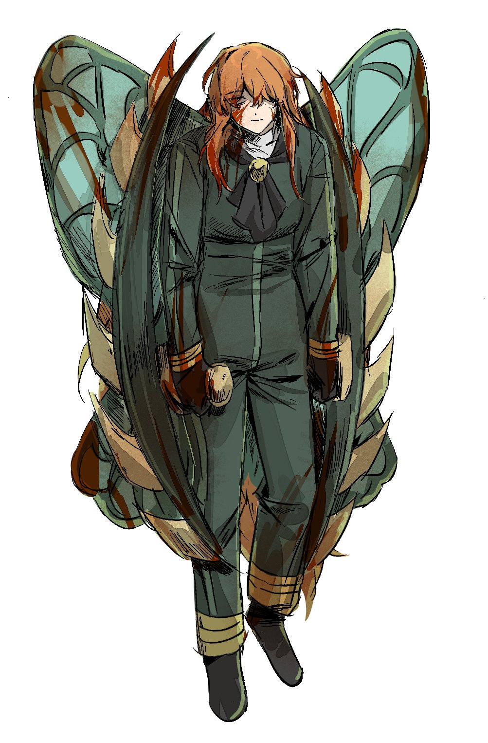 1girl arthropod_girl ascot black_ascot blood blood_on_face bodysuit crazy e.g.o_(project_moon) freckles gloves green_bodysuit highres ishmael_(project_moon) limbus_company orange_hair project_moon simple_background solo white_background wingbeat_(e.g.o) wings zmi8dx6pru6774