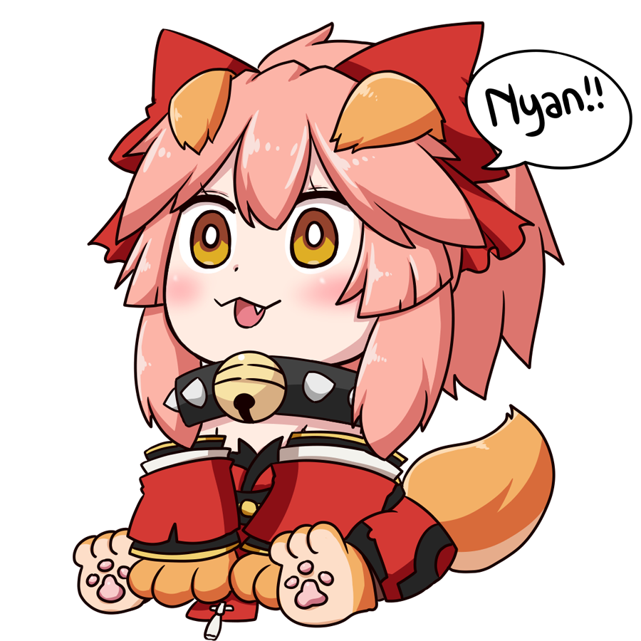 1girl animal_ear_fluff animal_ears animal_hands bell blush cat_paws collar fang fate/grand_order fate_(series) fox_ears fox_girl fox_tail gloves hair_ribbon japanese_clothes jingle_bell keita_naruzawa kimono neck_bell open_mouth paw_gloves paw_shoes pink_hair ponytail red_kimono red_ribbon ribbon sitting solo speech_bubble tail tamamo_(fate) tamamo_cat_(fate) tamamo_cat_(first_ascension)_(fate) transparent_background yellow_eyes