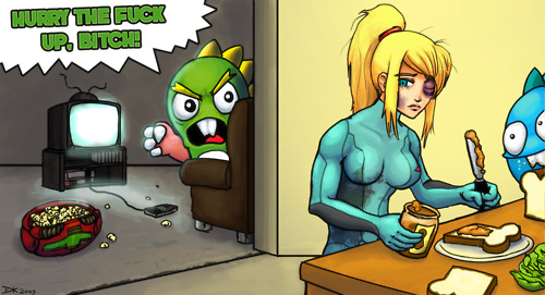 blonde_hair bob breasts bub bubble_bobble bud food long_hair lowres metroid nintendo peanut_butter ponytail popcorn samus_aran sandwich taito television what zero_suit