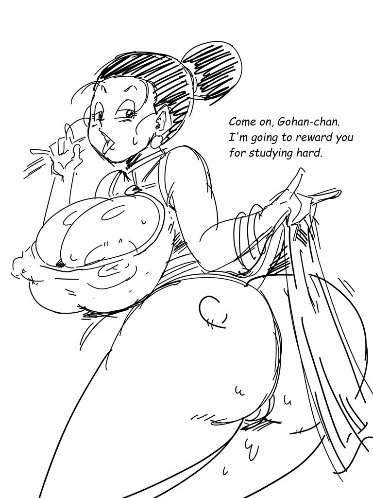 1girl breasts chi-chi_(dragon_ball) cleavage dragonball_z fellatio_gesture huge_breasts large_breasts rickert_kai s son_gohan