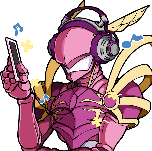armor cellphone dclaret digimon digimon_(creature) headphones helmet holding holding_phone lordknightmon phone pink_armor pink_helmet ribbon simple_background smartphone solo transparent_background upper_body yellow_ribbon