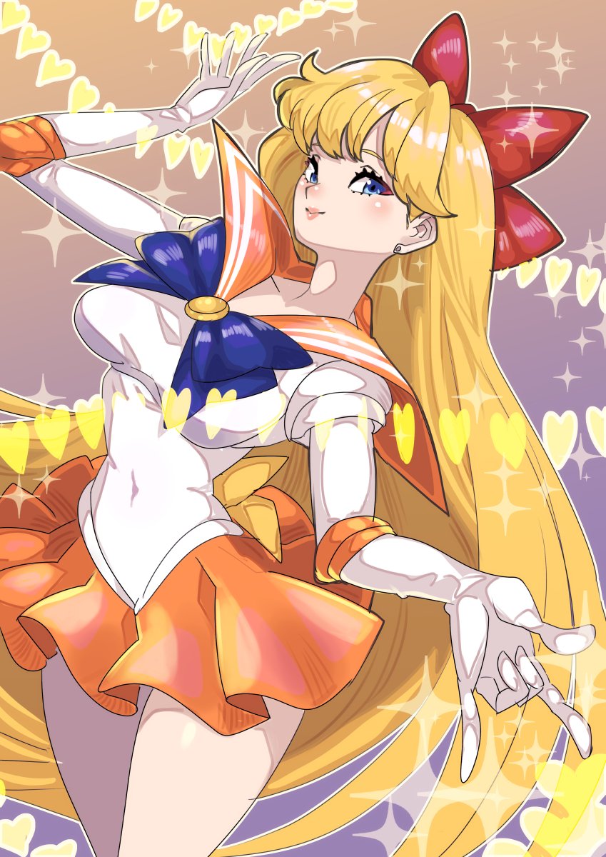 1girl aino_minako bishoujo_senshi_sailor_moon blonde_hair blue_eyes bow earrings gloves heart jewelry kuwango long_hair looking_at_viewer miniskirt red_bow sailor_venus short_sleeves skirt very_long_hair
