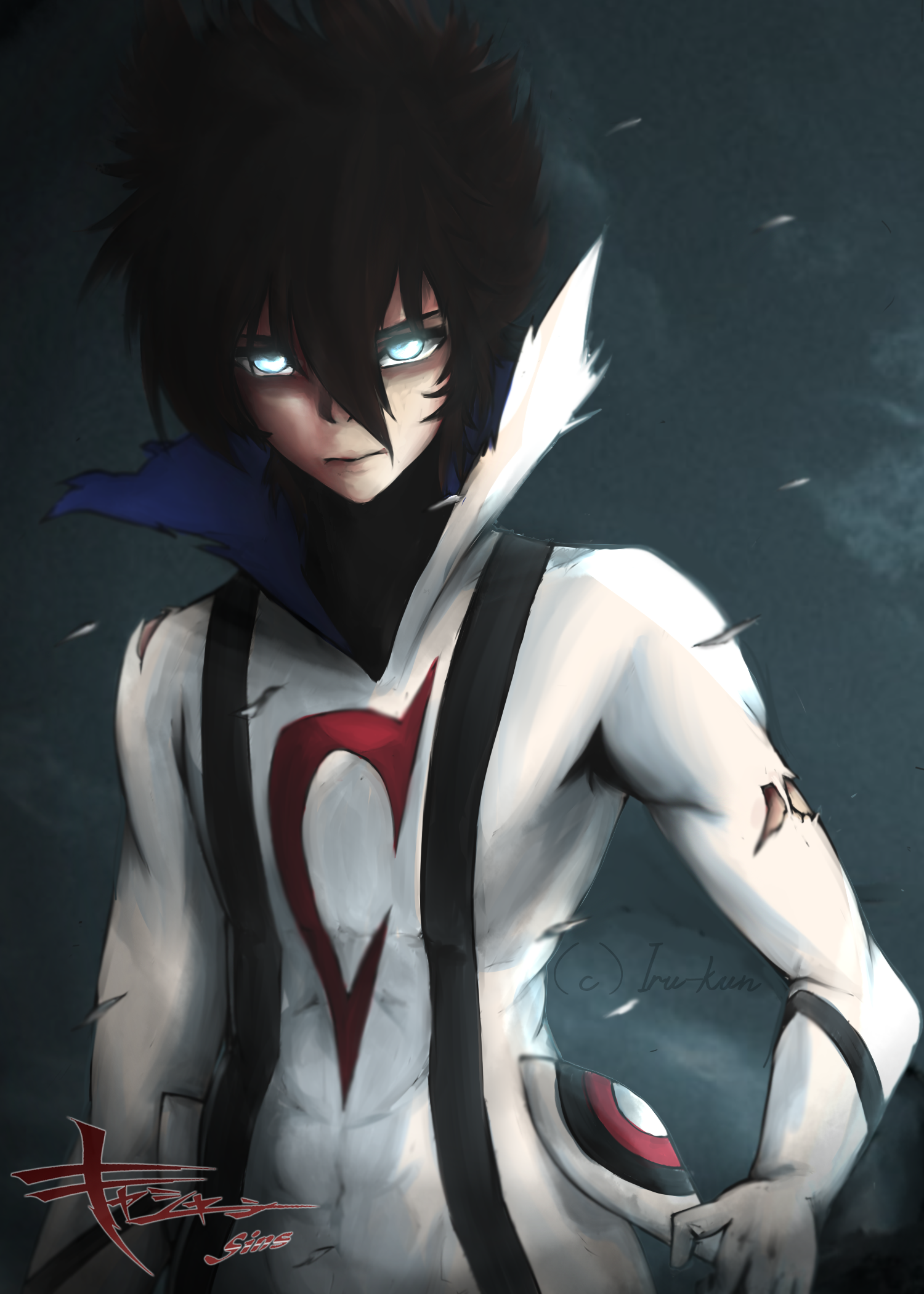 1boy black_hair blue_eyes bodysuit casshern casshern_(series) casshern_sins closed_mouth glowing glowing_eyes grey_background hair_between_eyes highres irukun00 long_bangs looking_at_viewer male_focus popped_collar short_hair solo spiked_hair torn_bodysuit torn_clothes upper_body white_bodysuit