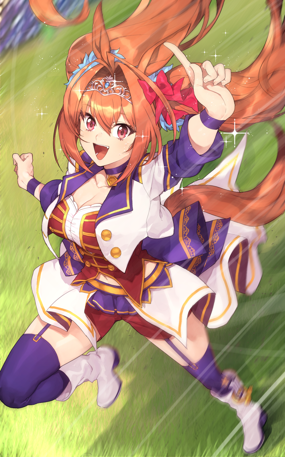 1girl :d animal_ears arm_up blush boots bow breasts choker cleavage collarbone commentary_request daiwa_scarlet_(umamusume) floating_hair full_body hair_between_eyes hair_bow highres hitoto horse_ears horse_girl horse_tail jacket large_breasts long_hair long_sleeves looking_at_viewer motion_lines navel open_clothes open_jacket open_mouth orange_hair outstretched_arm pink_eyes purple_choker purple_thighhighs red_bow red_shirt red_shorts running shirt shorts smile solo starting_future_(umamusume) tail teeth thighhighs twintails umamusume white_boots white_jacket