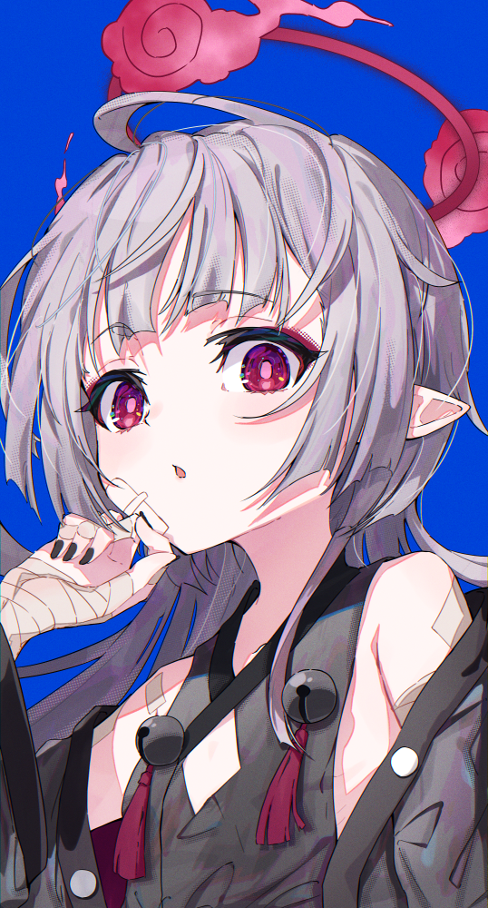1girl bandaged_hand bandaged_wrist bandages bare_shoulders bell black_nails blue_archive blue_background blunt_bangs blush commentary_request detached_sleeves fingernails flat_chest gauze gauze_on_cheek grey_hair grey_sleeves halo hanozuku japanese_clothes jingle_bell long_hair long_sleeves looking_at_viewer mika_pikazo_(style) nail_polish parted_lips pointy_ears red_eyes red_halo revision shuro_(blue_archive) sidelocks simple_background solo wide_sleeves