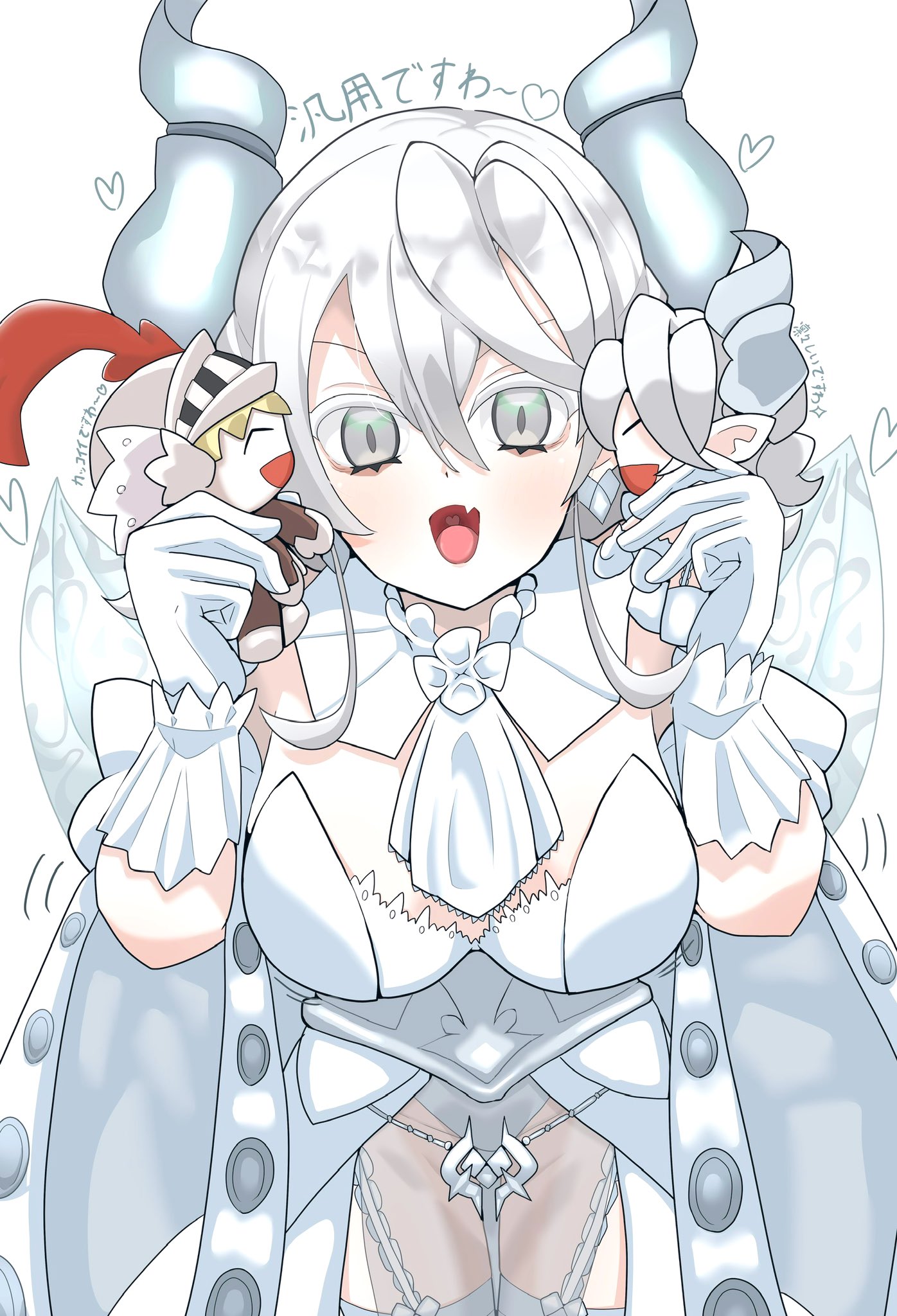 1girl bare_shoulders breasts cleavage commentary_request cowboy_shot demon_girl demon_horns demon_wings dress drill_hair duel_monster fang gloves grey_eyes heart highres holding holding_stuffed_toy horns knight_(yu-gi-oh!) large_breasts leotard lovely_labrynth_of_the_silver_castle open_mouth see-through_clothes simple_background skin_fang solo strapless stuffed_toy translation_request twin_drills white_background white_dress white_gloves white_hair white_leotard wings wize_(adklahniehov6ib) yu-gi-oh!