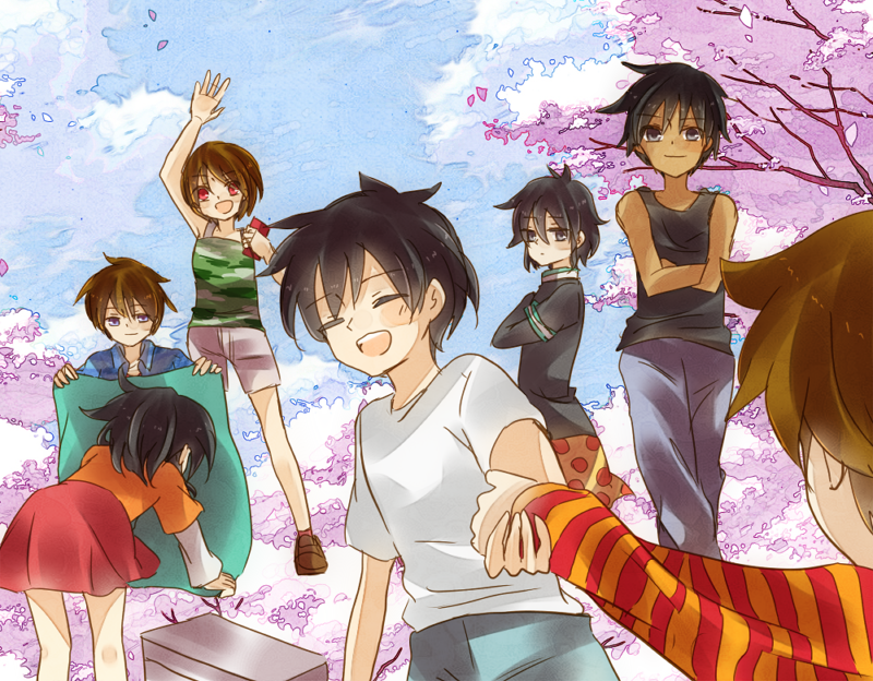 3girls 4boys alternate_universe aya_(re:kinder) bad_id bad_pixiv_id brown_hair cellphone cherry_blossoms closed_eyes hanami hiroto_(re:kinder) holding_hands mizuoka_yuuichi multiple_boys multiple_girls phone re:kinder rei_(re:kinder) ryou_(re:kinder) sayaka_(re:kinder) shirt shunsuke_(re:kinder) skirt smile striped_clothes striped_shirt takano_shunsuke white_shirt yao4000