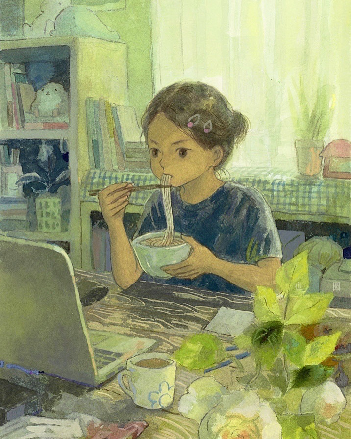 1girl black_shirt book bookshelf brown_eyes brown_hair chopsticks coffee_mug computer cup eating food hair_ornament hairclip indoors laptop mug noodles original plant potted_plant shirt sitting slice_of_life stuffed_hamster stuffed_toy summer t-shirt table window yeyuan33