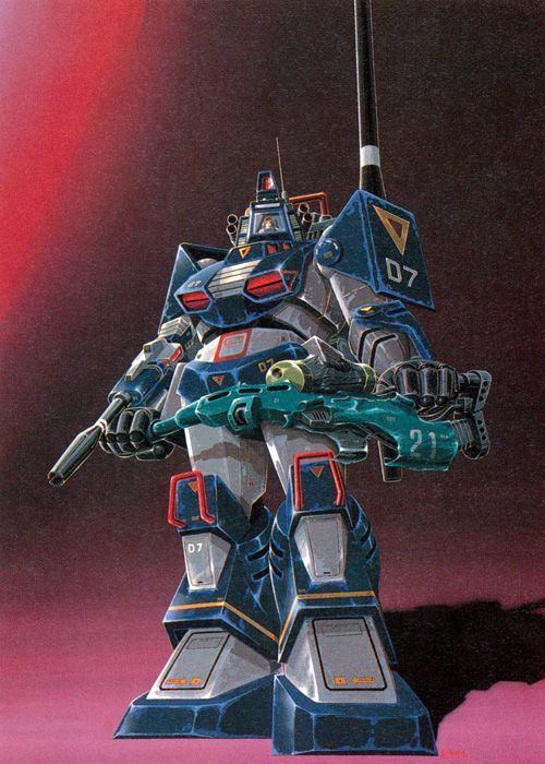 1980s_(style) 1boy cannon cockpit crinn_cashim dougram gradient_background holding machinery mecha mecha_focus official_art oldschool ookawara_kunio production_art radio_antenna retro_artstyle robot scan science_fiction taiyou_no_kiba_dougram traditional_media when_you_see_it window