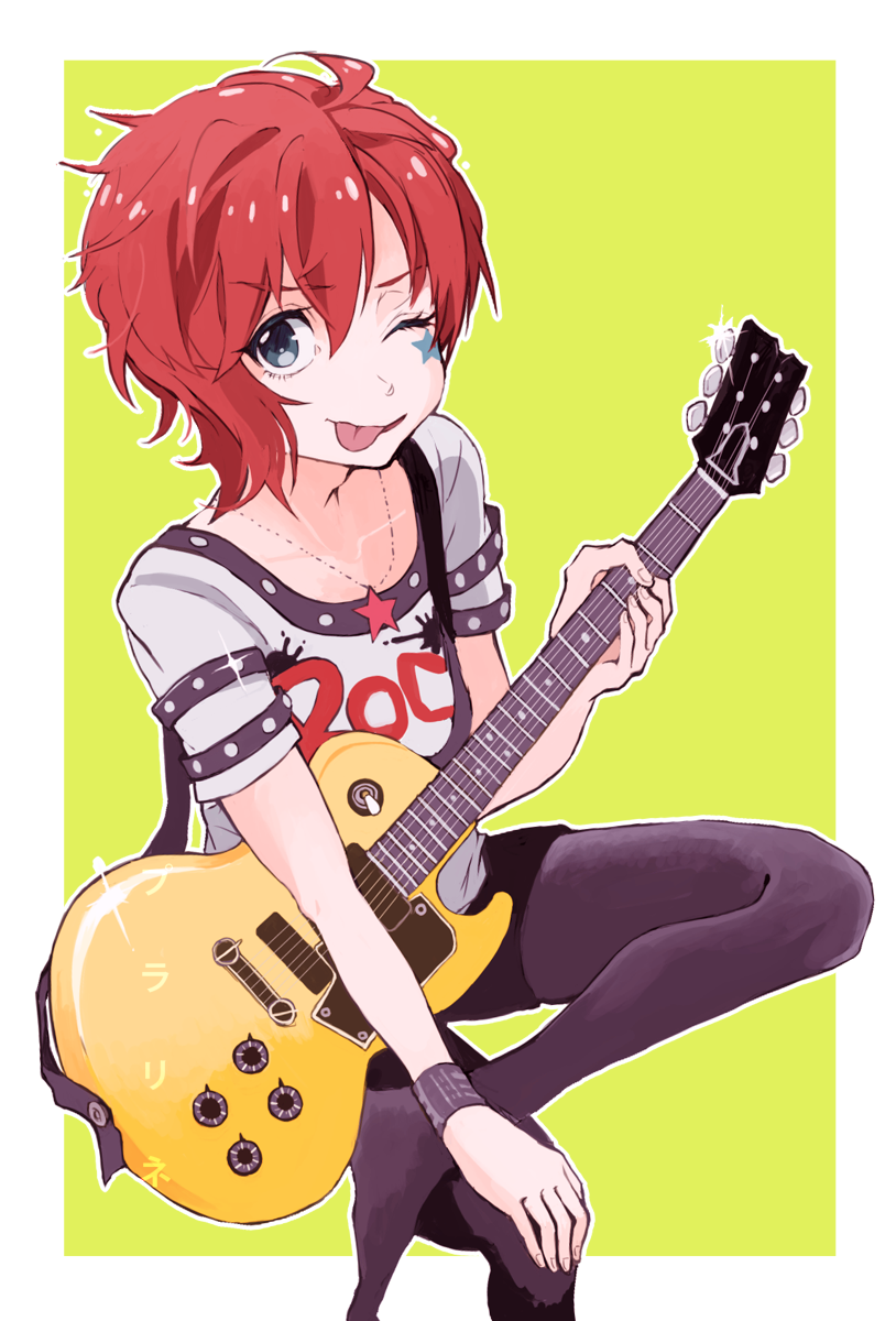 1girl ;p border bracelet character_request clothes_writing commentary_request eyelashes green_background grey_eyes guitar highres holding holding_guitar holding_instrument idolmaster idolmaster_million_live! instrument jewelry necklace one_eye_closed pianyca red_hair shirt short_hair short_sleeves simple_background solo star_(symbol) star_necklace star_on_cheek tongue tongue_out white_border white_shirt