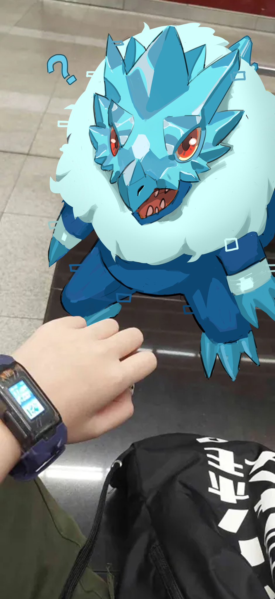 765_nanami ? blucomon blue_skin colored_skin digimon digimon_(creature) digimon_(virtual_pet) dragon highres photo_background pov red_eyes sharp_teeth sitting solo_focus teeth virtual_pet_(toy) vital_bracelet