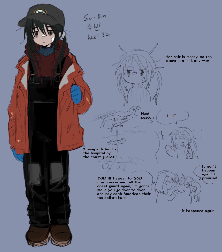 1girl aircraft artist_request bags_under_eyes bandaid bandaid_on_cheek bandaid_on_face bandaid_on_nose baseball_cap black_eyes black_hair black_hat black_overalls blue_background blue_gloves boots character_age english_text full_body gloves hat helicopter jacket korean_text long_hair multiple_views orange_jacket original overalls red_jacket simple_background speech_bubble su-bin twintails