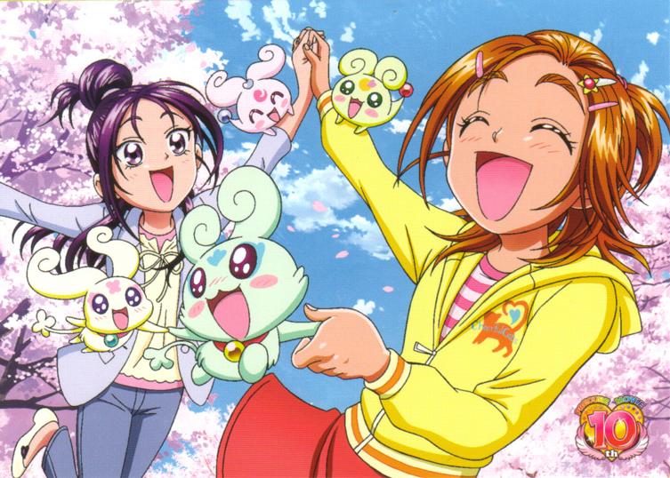 00s 2girls ^_^ arm_up blush brown_hair cherry_blossoms choppy closed_eyes creature eyelashes flappy foop futari_wa_precure_splash_star hair_ornament hairclip half_updo holding_hands hood hooded_jacket hyuuga_saki inagami_akira jacket long_sleeves mishou_mai moop multiple_girls official_art plant precure purple_eyes purple_hair red_skirt short_hair skirt spring_(season) tareme tree
