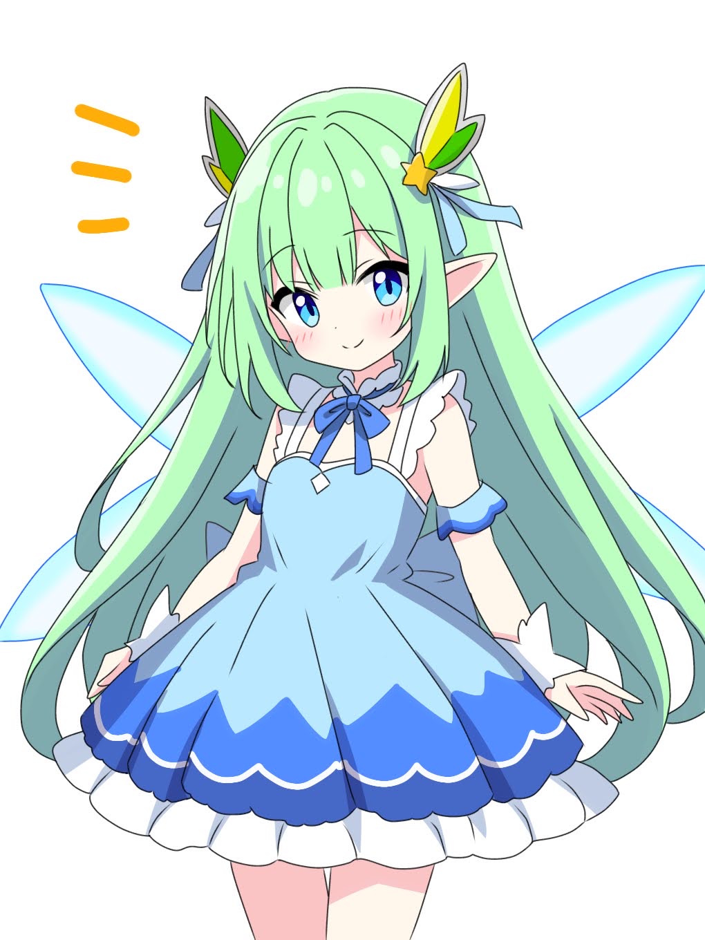 1girl blue_dress blue_eyes blue_ribbon blush commentary_request cowboy_shot dot_nose dress fairy fairy_wings frilled_dress frills green_hair hair_ornament highres kotatsu-mazoku long_hair looking_at_viewer neck_ribbon notice_lines open_mouth original pointy_ears ribbon shooting_star_hair_ornament sidelocks simple_background sleeveless sleeveless_dress smile solo star_(symbol) star_hair_ornament white_background wings