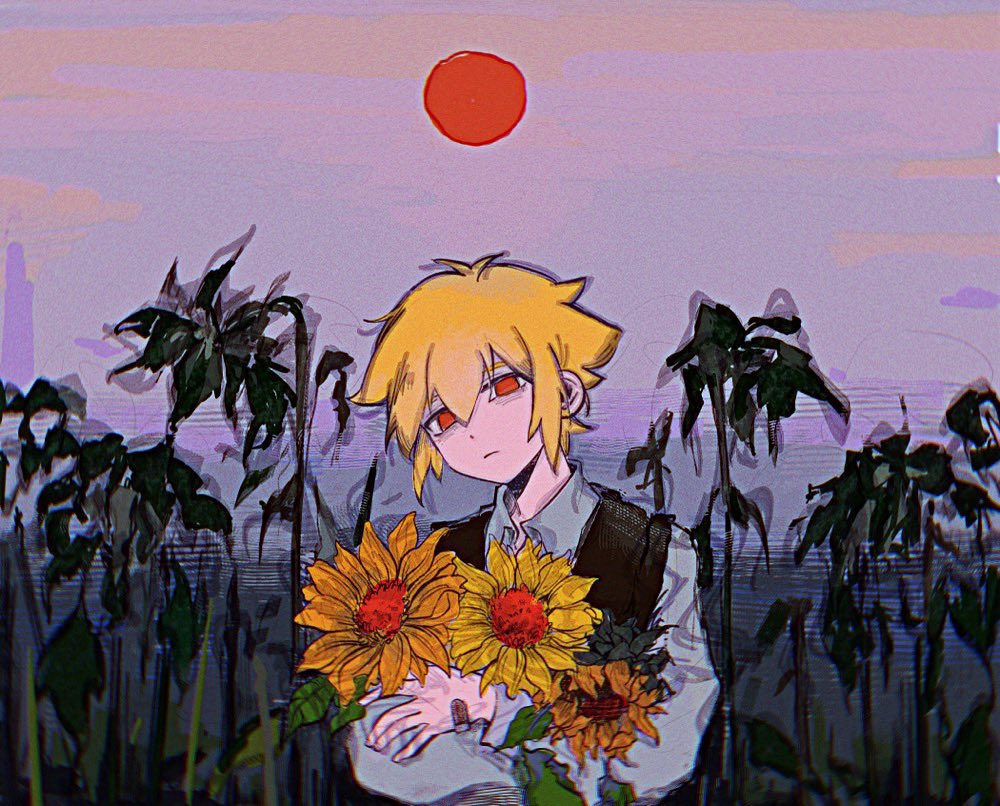 1boy alternate_costume alternate_eye_color bandaid bandaid_on_hand basil_(faraway)_(omori) basil_(omori) black_sweater_vest blonde_hair collared_shirt expressionless flower long_sleeves looking_at_viewer niu_tata omori red_eyes shirt short_hair solo sunflower sweater_vest white_shirt