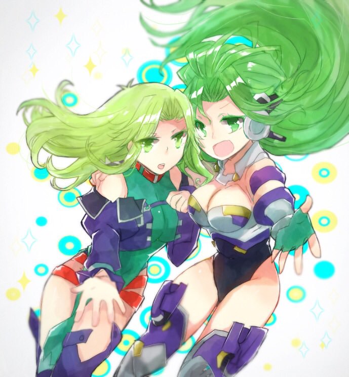 2girls armor artist_request aschen_brodel banpresto bare_legs female_focus green_hair hat hug lamia_loveless leotard long_hair multiple_girls smile super_robot_wars