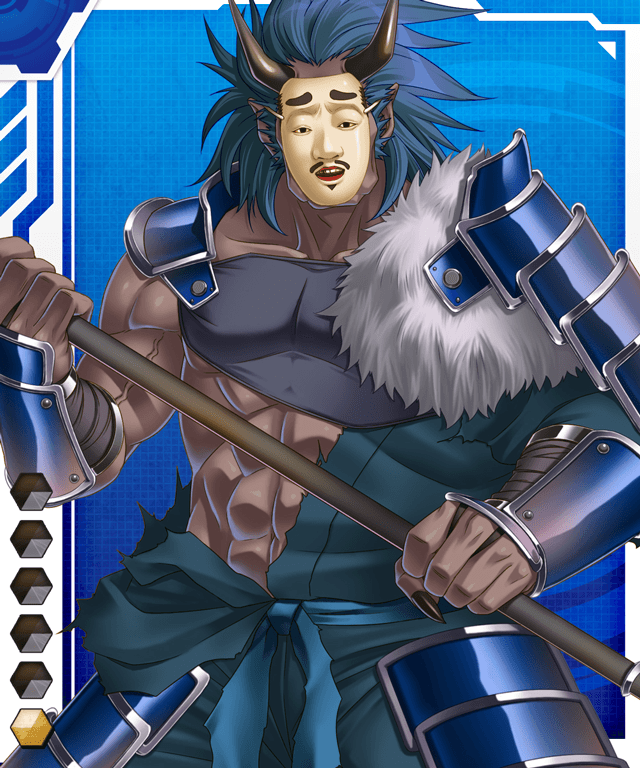 1boy blue_hair card_(medium) dark_skin gradient_background horns lilith-soft male_focus mask oni oni_horns pointy_ears solo taimanin_(series) taimanin_asagi_battle_arena_all_card_gallery taimanin_asagi_kessen_arena weapon