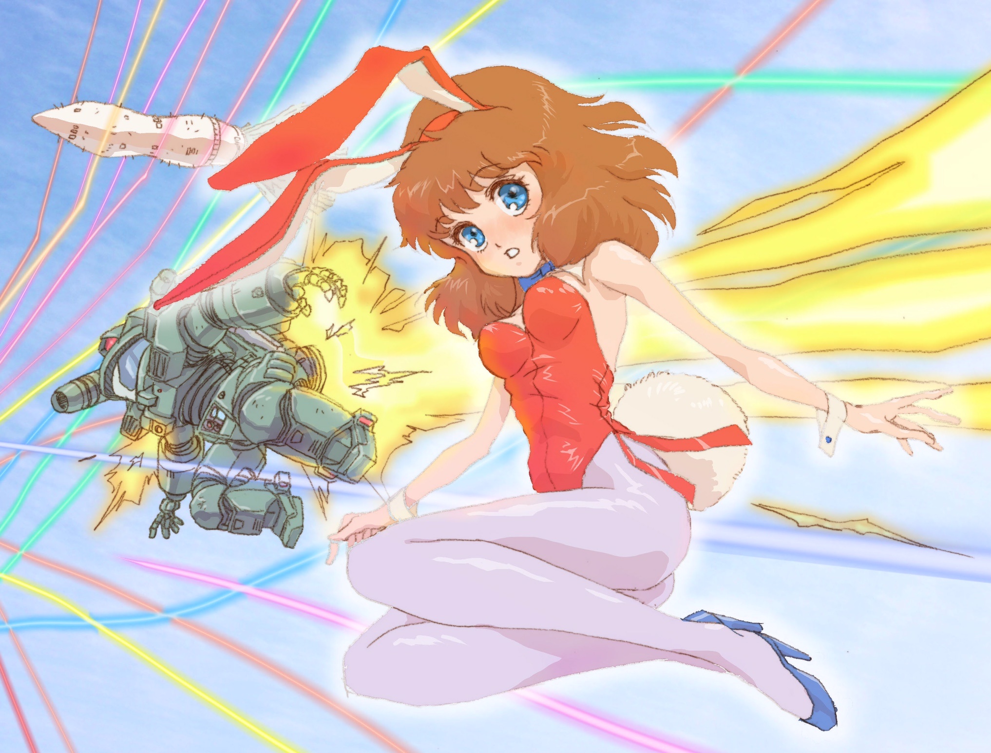 1girl animal_ears artist_request blue_eyes brown_hair rabbit_ears daicon daicon_bunny_girl daicon_iv fake_animal_ears high_heels highres playboy_bunny starship_troopers wrist_cuffs