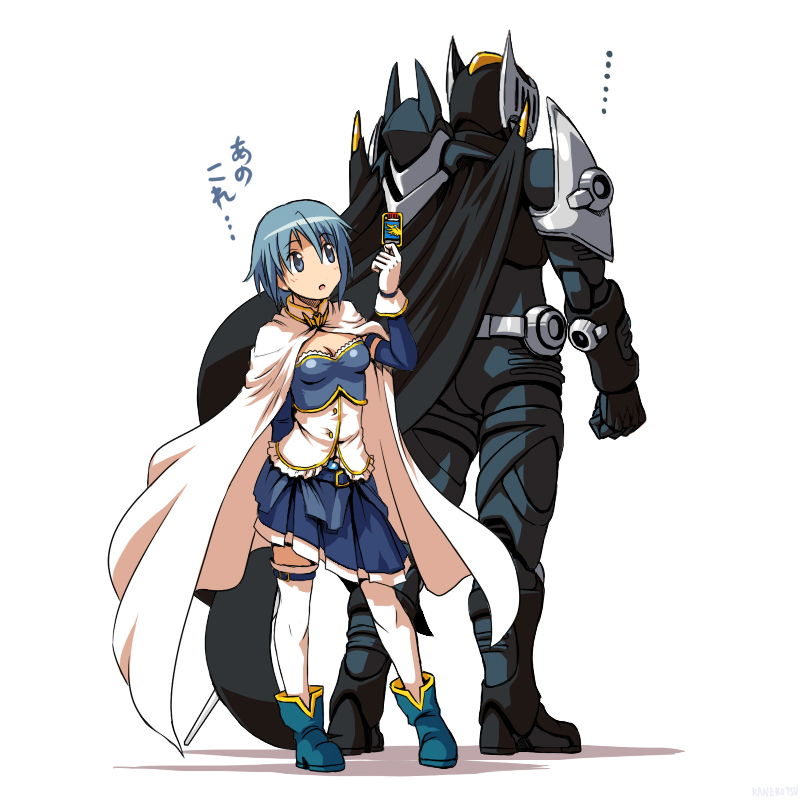 10s 1boy 1girl blue_eyes blue_hair card crossover height_difference holding holding_card kamen_rider kamen_rider_knight kamen_rider_ryuki kamen_rider_ryuki_(series) kaneko_tsukasa mahou_shoujo_madoka_magica mahou_shoujo_madoka_magica_(anime) miki_sayaka miki_sayaka_(magical_girl) short_hair thighhighs translated