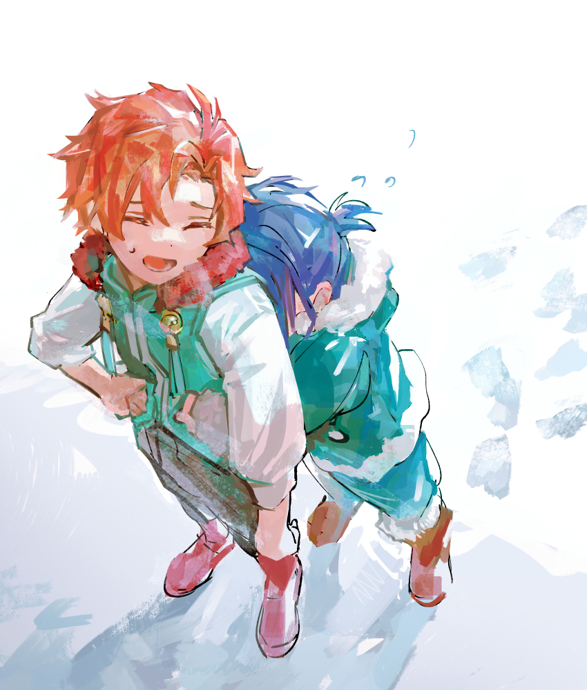 2boys aged_down aqua_jacket aqua_pants black_pants blue_hair boots closed_eyes commentary_request curtained_hair dot_nose felix_hugo_fraldarius fire_emblem fire_emblem:_three_houses footprints full_body fur-trimmed_boots fur-trimmed_collar fur-trimmed_hood fur-trimmed_jacket fur_trim green_jacket hand_on_own_hip hood hug hug_from_behind jacket logi_bunbukucha long_sleeves lower_teeth_only male_focus multiple_boys nintendo open_mouth pants ponytail red_fur red_hair shadow shirt short_ponytail smile snow standing sweatdrop sylvain_jose_gautier teeth white_shirt
